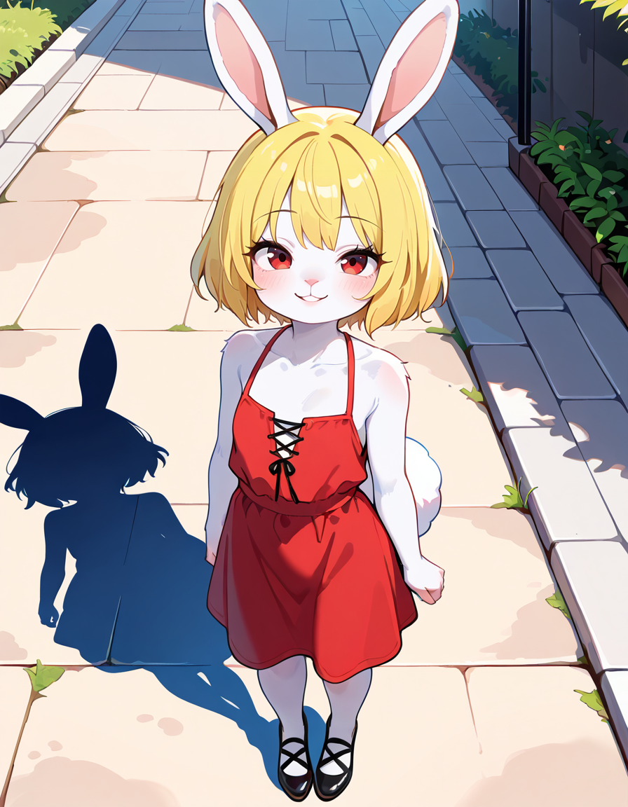 masterpiece, best quality, very aesthetic, absurdres,
outdoors, dressed shadow \(meme\), 
full body, casual, 
seductive smile, parted lips, long eyelashes,
<lora:Carrot_v01_NAIXL:1>
Ca3307,1girl,solo,furry,furry female,rabbit girl,short hair,blonde hair,rabbit ears,red eyes,animal nose,body fur,white fur,rabbit tail,