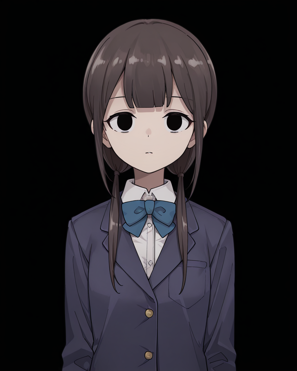 1girl, solo, chirijiri \(synthesizer v\), brown hair, blunt bangs, low twintails, black eyes, empty eyes, school uniform, blue bowtie, blue jacket, white shirt, blue skirt, pleated skirt, looking at viewer, upper body, simple background, black background, masterpiece, best quality, very aesthetic, absurdres