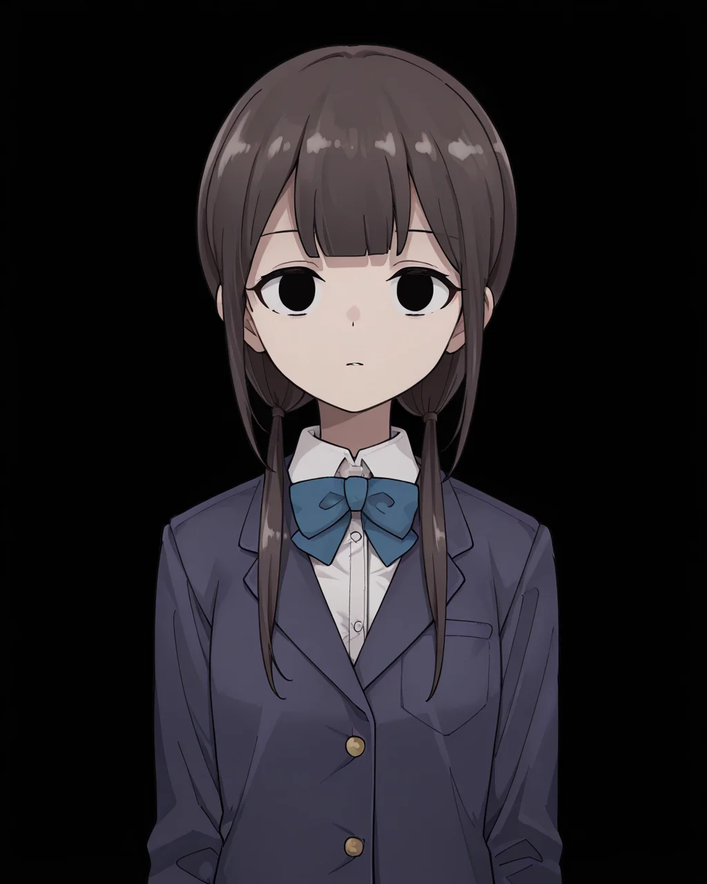 1girl, solo, chirijiri \(synthesizer v\), brown hair, blunt bangs, low twintails, black eyes, empty eyes, school uniform, blue bowtie, blue jacket, white shirt, blue skirt, pleated skirt, looking at viewer, upper body, simple background, black background, masterpiece, best quality, very aesthetic, absurdres