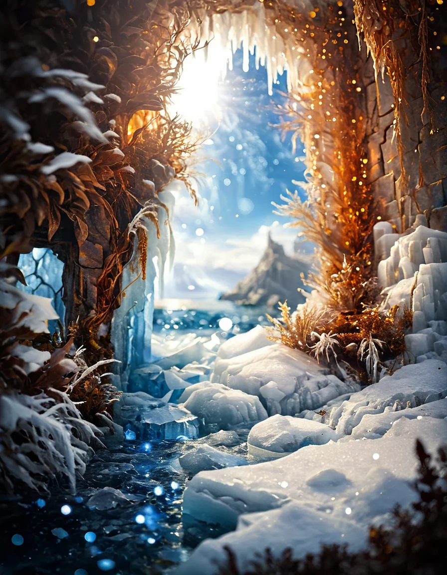 <lora:Medieval_Worlds_Scenery01xla:1> mwl01, scenery, vegetation, brown, bokeh, sea, fantasy, frozen walls, natural skylight, gold