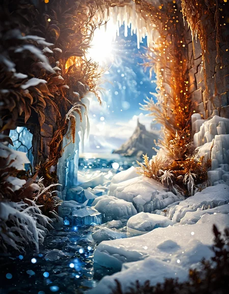 <lora:Medieval_Worlds_Scenery01xla:1> mwl01, scenery, vegetation, brown, bokeh, sea, fantasy, frozen walls, natural skylight, gold