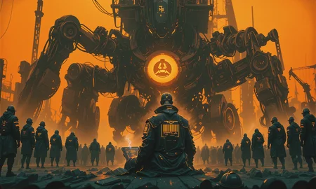 1boy, faceless, bald_head, black_high_collar, sitting, dystopian, cinematic_lighting, from_behind, 3boys, supervisors, glowing_tablet, crowd, uniformed_workers, hard_hats, dark_overcoats, marching, mechanical_hybrid, humanoid_robot, construction_machinery, crane_arms, excavator_hands, drill_arm, concrete_mixer_torso, steam, hydraulics, industrial, massive_scale, dramatic_shadows, harsh_lighting, orange_wall