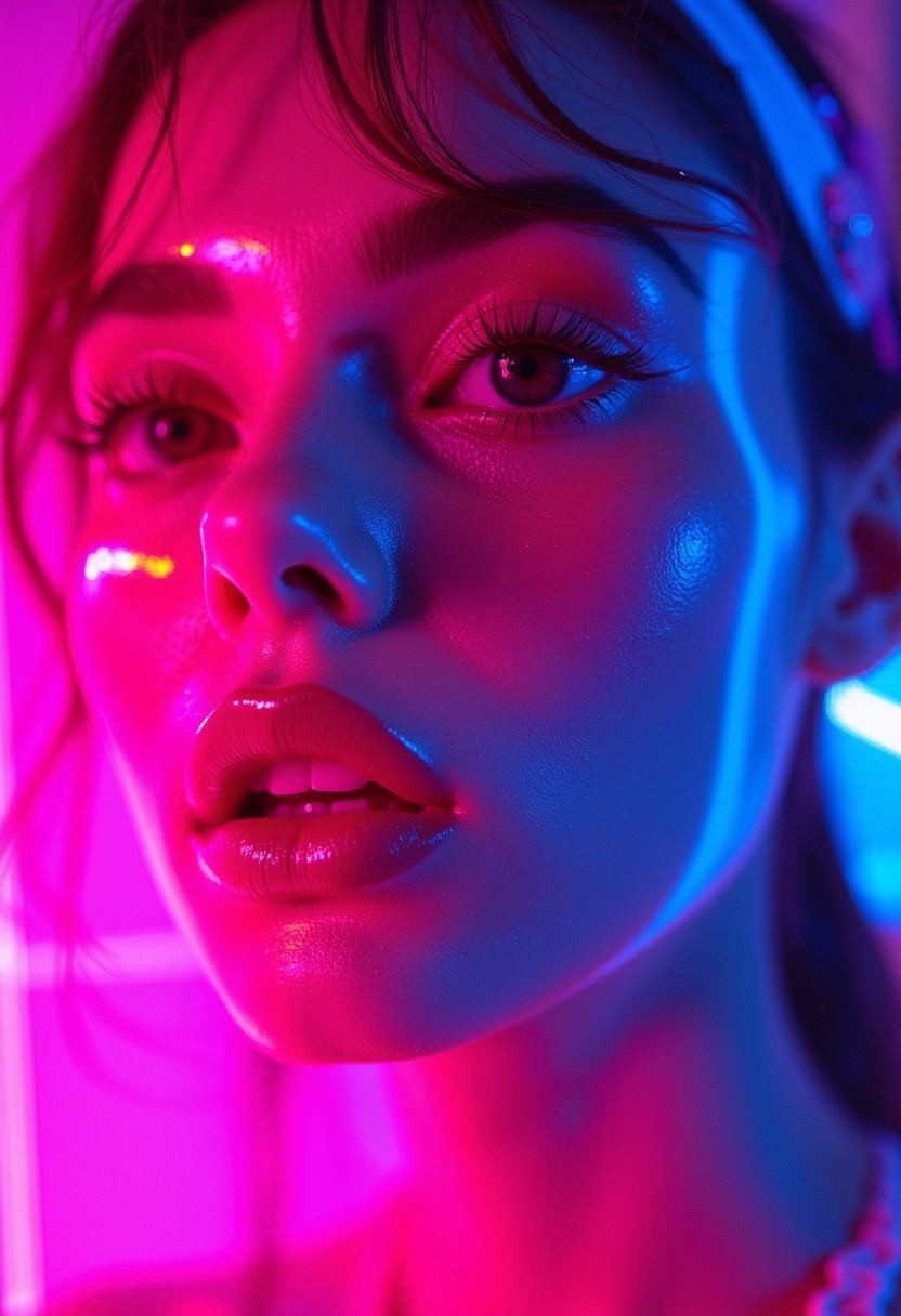 This is a vibrant, high-fashion photograph featuring a close-up of a woman's face, bathed in a kaleidoscope of neon lights. The image is dominated by a striking, dramatic color scheme with pink, blue, and yellow hues creating a mesmerizing, almost holographic effect. The woman's face is illuminated with these vibrant colors, creating dramatic shadows and highlights on her skin.