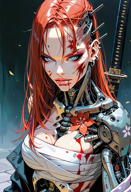 masterpiece, best quality,high quality, newest, highres,absurdres, 1girl, solo, close up, red hair, solo, katana, long hair, blood, blue eyes, breasts, sarashi, looking at viewer, earrings, bandages, piercing, ear piercing, jewelry, blood on face, (yellow bangs:1), mechanical parts,