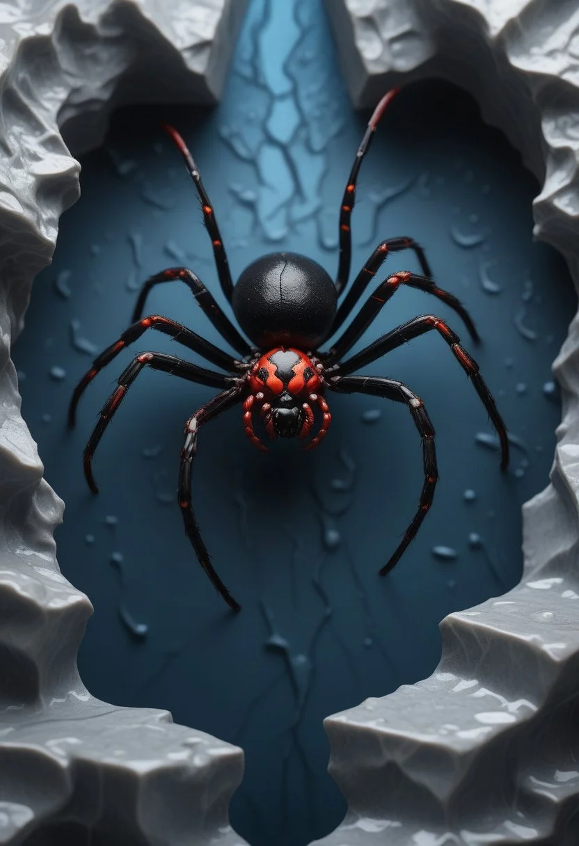 "Create a captivating, hyper-realistic image of a black widow spider climbing a brick wall during a rain. The spider and the wall should be made intricately detailed. The image should be highly detailed, with realistic lighting and textures that make the scene feel lifelike and enchanting".Liquid Marble, detailed, ultrarealistic