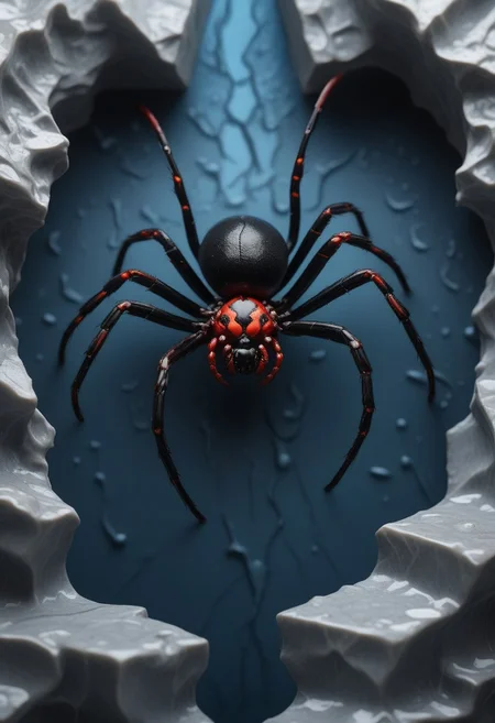 "Create a captivating, hyper-realistic image of a  black widow spider climbing a brick wall during a rain. The spider and the wall should be made intricately detailed. The image should be highly detailed, with realistic lighting and textures that make the scene feel lifelike and enchanting".Liquid Marble, detailed, ultrarealistic