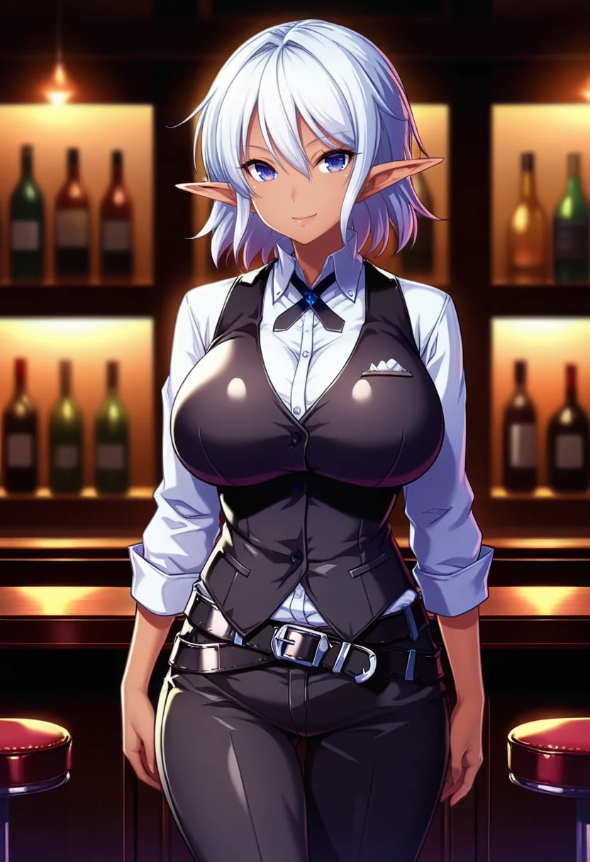 masterpiece, best quality, amazing quality,sheila, blue eyes, white hair, short hair, dark-skinned female, mature female,pointy ears, breasts,1girl,large breasts,closed mouth, light smile, black vest, collared shirt, white shirt,black cross tie, long sleeves, black belt, black pants, cowboy shot, standing, looking at viewer, indoors, bar \(place\), bartender, night, blurry background<lora:sheilaV1:0.9>