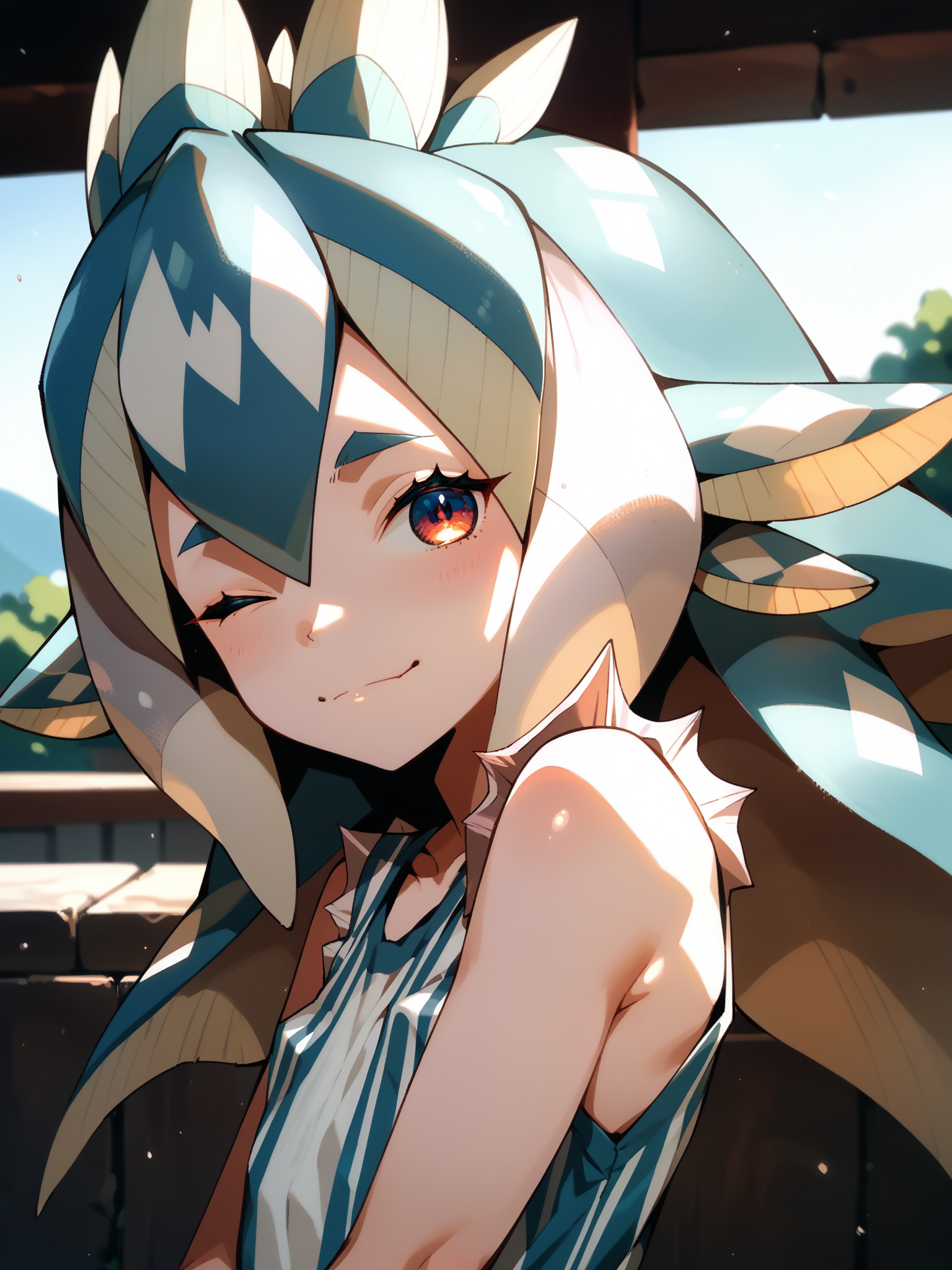(upper body, solo:1.1) <lora:happy_tentacle-paisci-v0.1-000028:1>, ht_paisci, (petite:1.2), <lora:Shed_The_Skin's StS_age_slider_v1_initial_release:-1.2> ( (sleeveless :1.1) :1.1) ( ( head tilt :0.8) , , (wince :1.2) , seductive smile , (looking at viewer:0.6) :1) , outdoors, vegetation, ( :1.1), summer , (day :0.6), (blue sky:0.6) , (:0.5), , (chinese architecture :0.8), (warehouse :1.2) ((from behind :1.2) :0.8) score_9, score_8_up, score_7_up, score_6_up, score_5_up, score_4_up, ( [(realistic, photorealistic:1.3):(realistic:1.2):18] [(3d:1.2)::14] :1) <lora:LUUNA's Lunas-NijiJourney-SDXL-B2:0.35>, nijijourney <lora:prgfrg23's Counterfeit-V3.0 Style SDXL_LoRA_Pony Diffusion V6 XL:0.5> <lora:mfcg's mfcgXL:0.12> <lora:reweik's gyokai(himehajime)_PonyXL_style_v01:0.14>