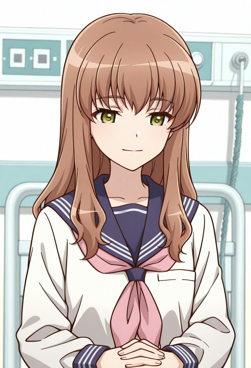 masterpiece, best quality, 32k, high resolution, absurdres, miyata yuuki, own hands together, flower, light smile, hospital, outdoors, school uniform, serafuku, ribbon