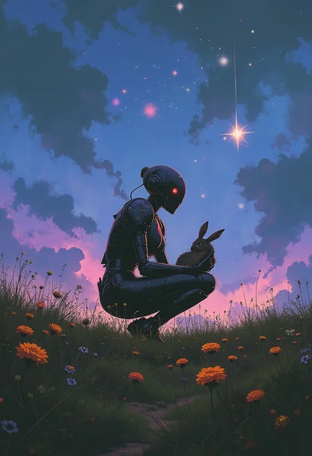 a human-like robot, squatting in an open field filled with wild flowers. it holds a rabbit in his hands, The sky is blue and purple, three stars of different colours light the sky