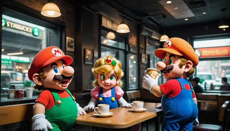 smb artstyle, drinking coffee at Starbucks with princess peach and luigi. <lora:SMB Artstyle - V1 - Trigger is SMB Artstyle:1>