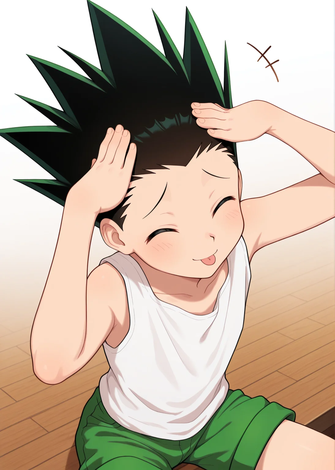 masterpiece, best quality, absurdres, amazing quality, 1boy, solo, <lora:IlluGon-000010:1> illugon, black hair, green hair, spiked hair, <lora:AhEtoBlehMeme_illusXLNoobAI_Incrs_v1:1> AhEtoBlehMeme, closed eyes, tongue out, :p, hands on own head, smile, white tank top, green shorts