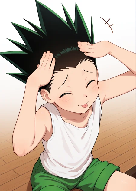 masterpiece, best quality, absurdres, amazing quality, 1boy, solo, <lora:IlluGon-000010:1> illugon, black hair, green hair, spiked hair, <lora:AhEtoBlehMeme_illusXLNoobAI_Incrs_v1:1> AhEtoBlehMeme, closed eyes, tongue out, :p, hands on own head, smile, white tank top, green shorts