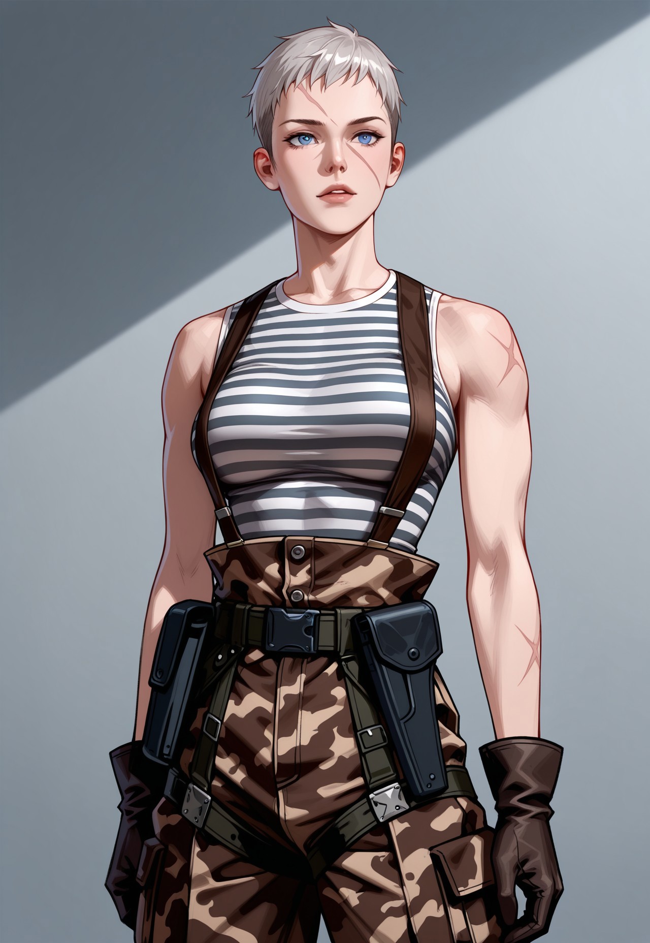 masterpiece, best quality, detailed, realistic, cowboy shot,  1girl, solo, olgamgs, very short hair, grey hair, diagonal scar on face, blue eyes, breasts, striped tank top, high-waist pants, brown camouflage pants, suspenders, gloves, belt, holster,