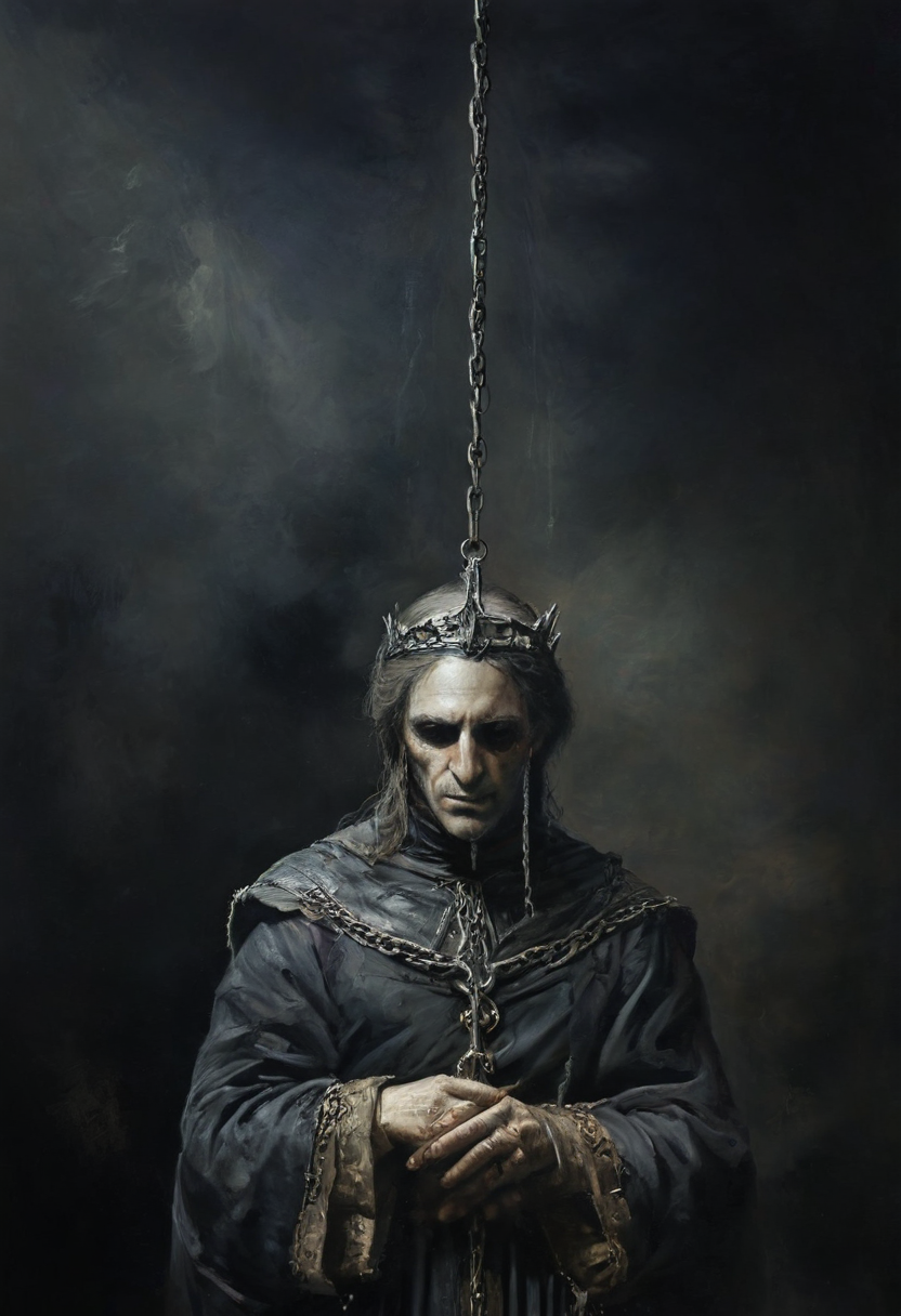 king chained to medium-sized throne sitting in a great hall BREAK Sword of Damocles hanging over the king's head BREAK imminent death, hanging by a thread, danger, brilliant color, unfocused dark smoky background, sheen, Michael Whelan style, chiaroscuro , <lora:add-detail-xl:1>,  <lora:xl_more_art-full_v1:1>,  <lora:NicolaSamori:1> in the style of Nicola Samori