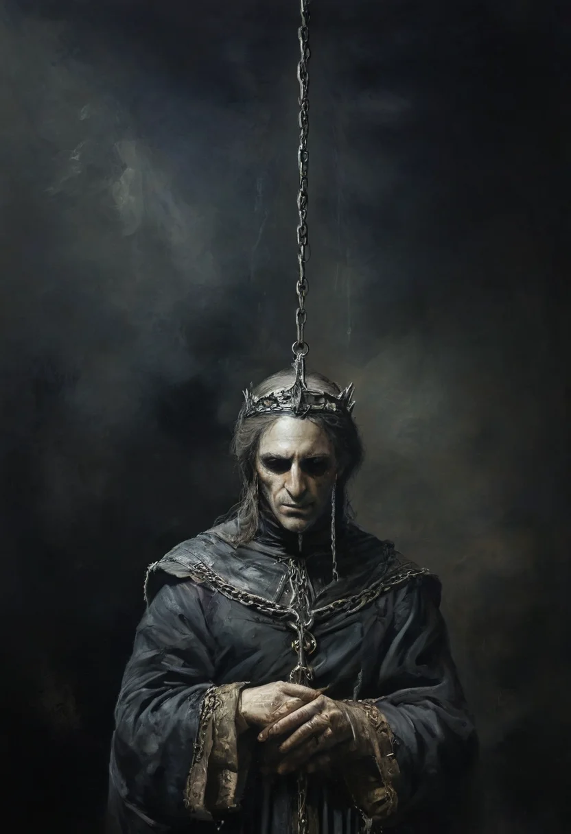 king chained to medium-sized throne sitting in a great hall BREAK Sword of Damocles hanging over the king's head BREAK imminent death, hanging by a thread, danger, brilliant color, unfocused dark smoky background, sheen, Michael Whelan style, chiaroscuro , <lora:add-detail-xl:1>,  <lora:xl_more_art-full_v1:1>,  <lora:NicolaSamori:1> in the style of Nicola Samori