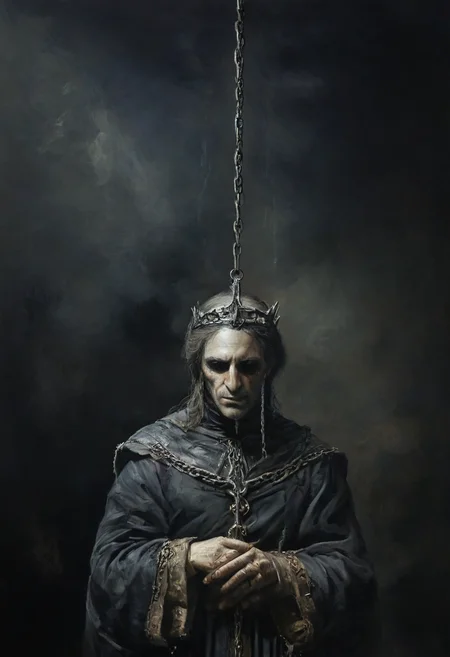 king chained to medium-sized throne sitting in a great hall BREAK Sword of Damocles hanging over the king's head BREAK imminent death, hanging by a thread, danger, brilliant color, unfocused dark smoky background, sheen, Michael Whelan style, chiaroscuro , <lora:add-detail-xl:1>, <lora:xl_more_art-full_v1:1>, <lora:NicolaSamori:1> in the style of Nicola Samori