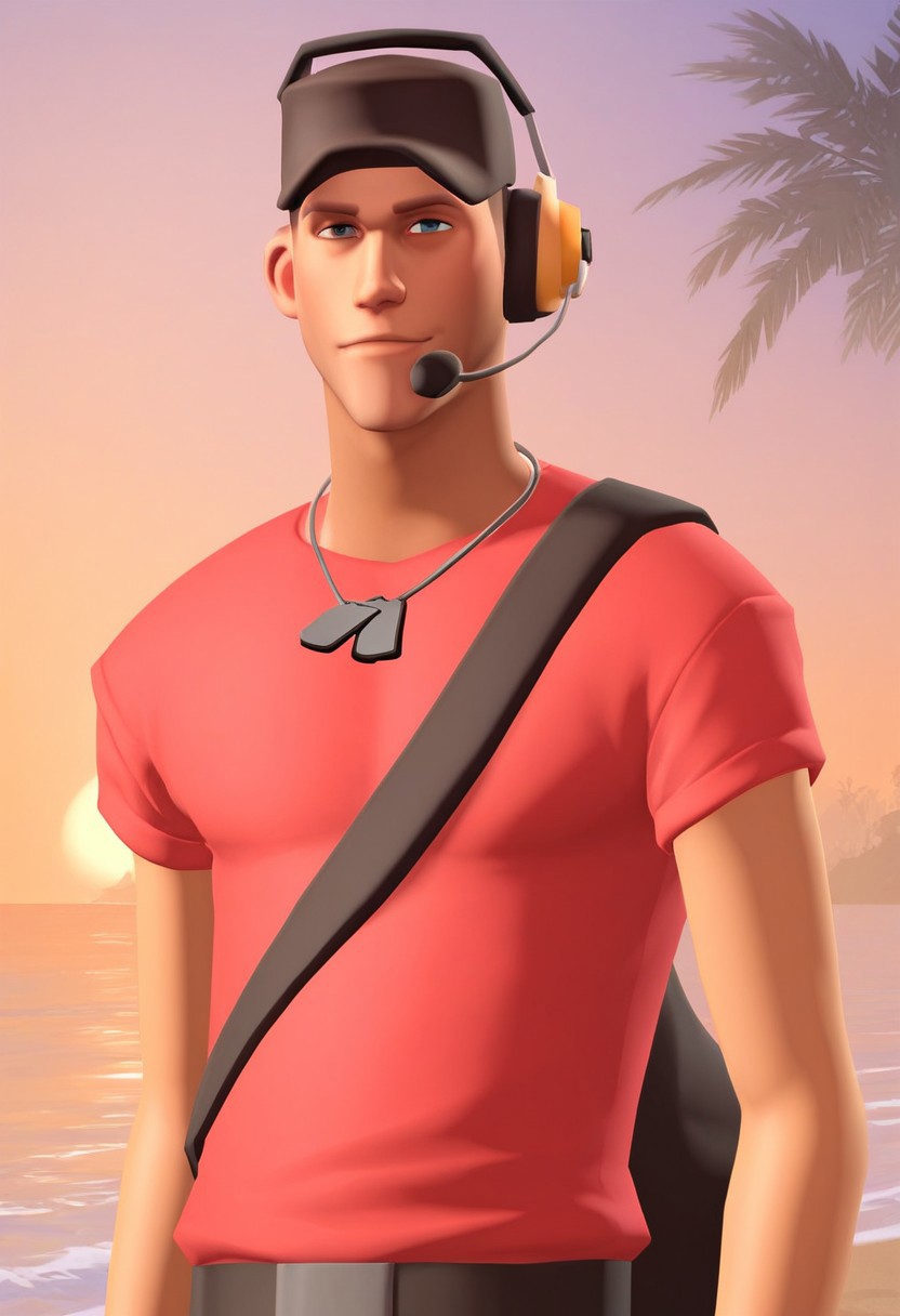 score_9, score_8_up, score_7_up, score_6_up, score_5_up, score_4_up, BREAK , solo, 1boy,
ingame, team fortress 2, skinny body, slim body, twink, male focus, Expressiveh,
tf2_scout, red team, white socks, black shoes, brown pants, red shirt, posing for photo, dogtags, black hat, headphones,bag,
standing, best aesthetic, upper body view, beach background, palm trees, in front of viewer, looking at viewer, dusk, sunset,