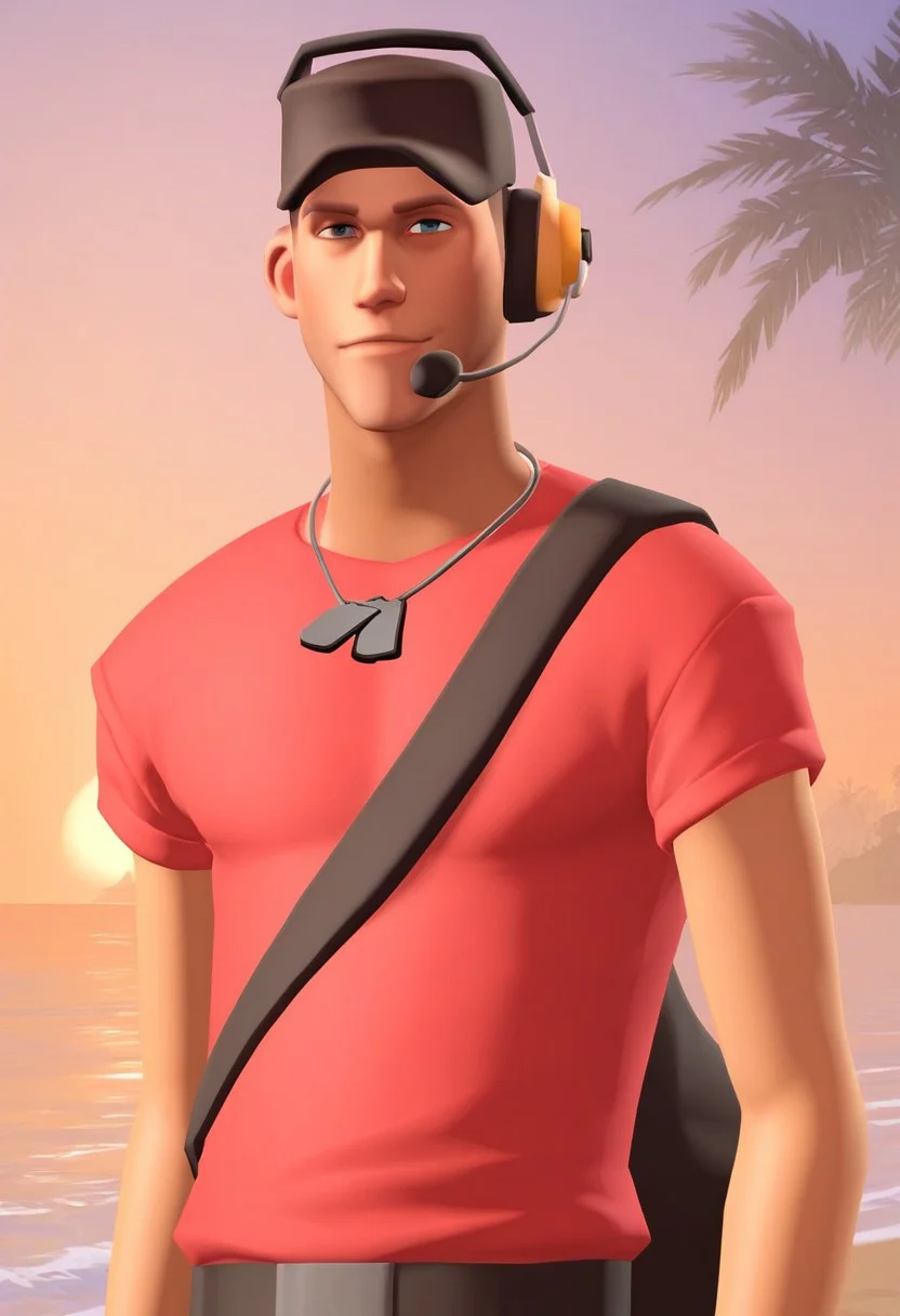 score_9, score_8_up, score_7_up, score_6_up, score_5_up, score_4_up, BREAK , solo, 1boy,
ingame, team fortress 2, skinny body, slim body, twink, male focus, Expressiveh,
tf2_scout, red team, white socks, black shoes, brown pants, red shirt, posing for photo, dogtags, black hat, headphones,bag,
standing, best aesthetic, upper body view, beach background, palm trees, in front of viewer, looking at viewer, dusk, sunset,