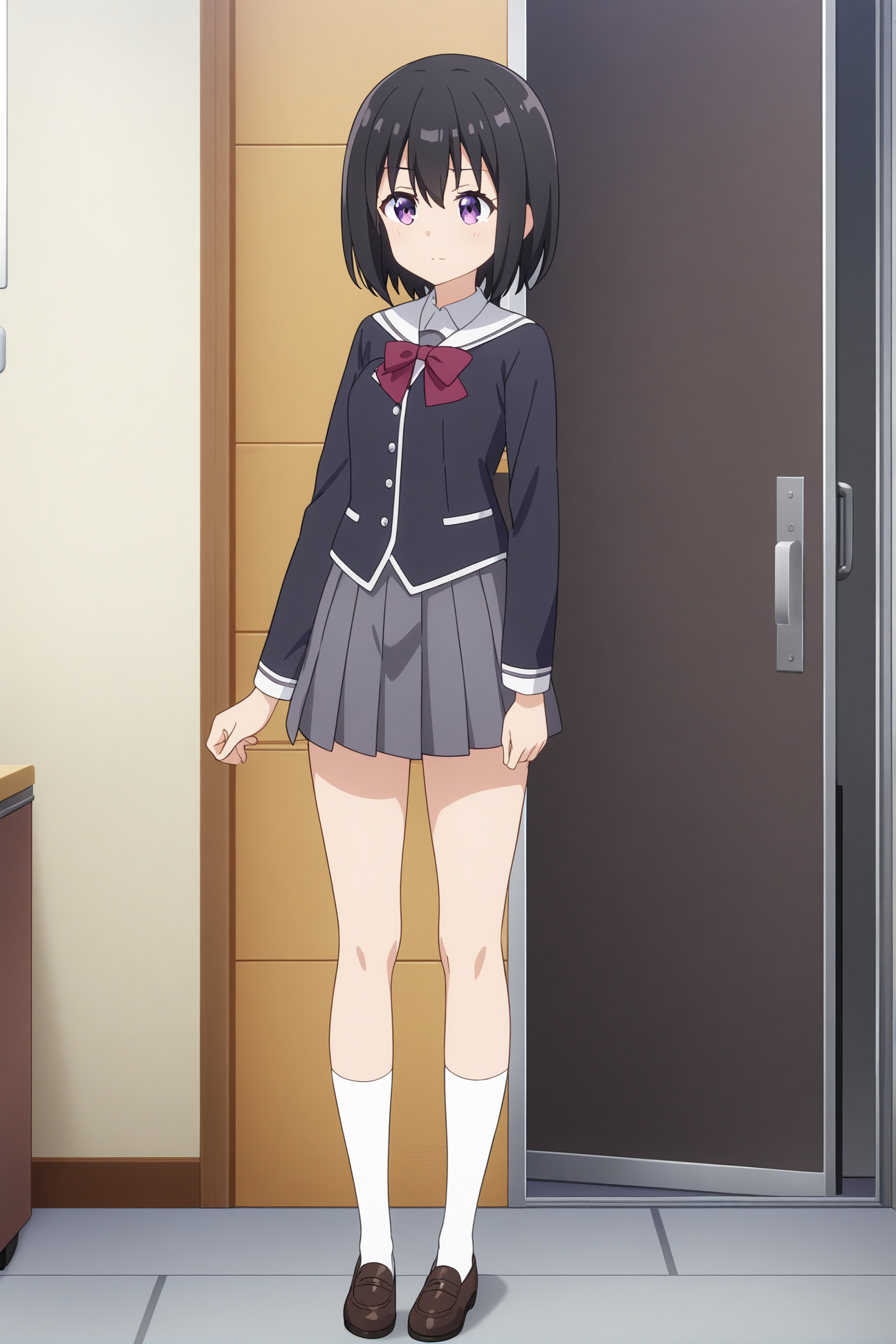 schoolgirl uniform, bof-maple, purple eyes, black hair, 1girl, solo, skinny, masterpiece, absurdres, high quality, highres, best quality, (full body:1.20), recent <lora:bof-maple-V05-000003:0.4>