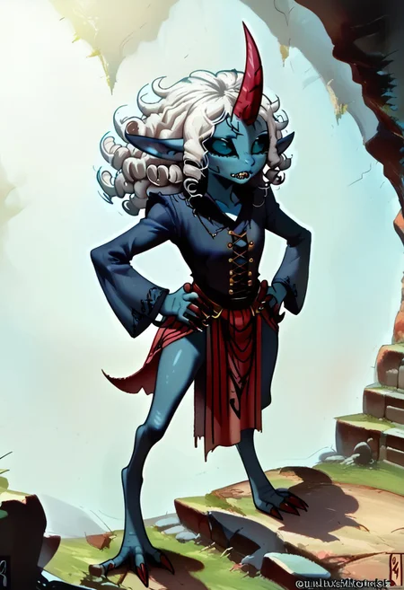 1 person, Kufr, blue skin, single horn, white hair, curly hair, black sclera, red horn, pointy ears, small ears, androgynous, slim figure, sleek skin, flat nose, nasal slits, thin lips, sharp teeth,
friendly expression, standing, hands on hips, digitigrade legs, loincloth, 4 fingers, sharp nails,
close up, side view, high angle, variety,
clean lines, smooth colors, sfw, source: semi-realistic, medieval style, rating: pg, score: 8 up, score: 9