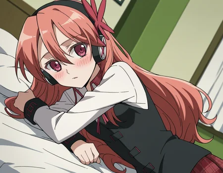 score_9, score_8_up, score_7_up, source_anime,
agkchelsea, <lora:agk-chelsea-s1-ponyxl-lora-nochekaiser:1>,
chelsea, pink eyes, hair between eyes, long hair, pink hair, straight hair,
collared shirt, diagonal stripes, dress shirt, hair ornament, headphones, long sleeves, neck ribbon, plaid, plaid skirt, pleated skirt, red ribbon, red skirt, ribbon, shirt, skirt, striped, vest, white shirt, wing collar,
indoors, bed, bed room, on side, blush, drunk,
cowboy shot, solo, dutch angle, looking at viewer,