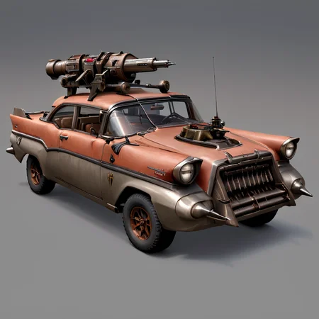masterpiece,absurd resolution,8k,
fallout,simple background,grey background,no humans,ground vehicle,motor vehicle,realistic,car,vehicle focus,wheel,mounted weapon on the back
, <lora:fallout_xl:1>
