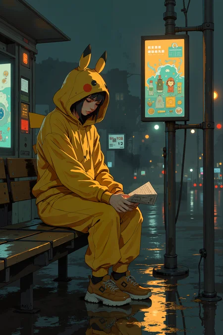 Under a drizzling sky, a woman in Pikachu onesie waits at a bus stop,. The streetlights cast a soft golden glow on the wet pavement, reflecting in shimmering puddles that ripple with every raindrop. Her hands clutch a folded newspaper, slightly damp at the edges, as she absentmindedly kicks a small rock with her foot. Behind her, a lone vending machine hums, its colorful drinks illuminated behind glass, each can promising warmth in the cold, misty morning. A distant honk echoes through the empty street, but no bus appears, only the faint buzz of power lines overhead. , detailed background  Fantastic lighting. Detailed shadows.intricate details, vivid colors, hyper-detailed, ultra-sharp, , <lora:Semi-realisticPortraitPainting:0.4> <lora:Let_It_Blaze_in_Crimson_anime_v1.0:0.6>