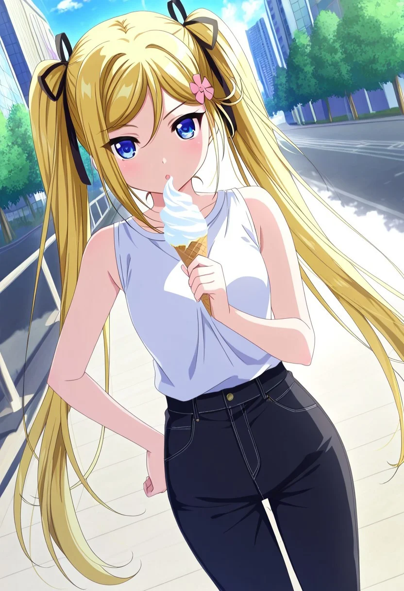 general,highres, ultra-detailed,very aesthetic,best quality ,best hands,best eyes,easynegative,
dynamic angle, dutch angle, anime cloring,anime screencap,
1girl solo,looking at viewer,city,outdoors, holding ice cream,hand on hip,
Mafuyu Orifushi,yellow_hair, very long twintails, small breasts,blue_eyes, hair ribbon, black ribbon, hair_ornament,black bare shoulders shirt,short black pants,