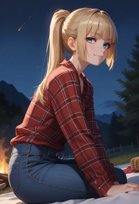 (score_9, score_8_up, score_7_up),
dutch angle, detailed eyes, eyes focus, fire reflection in eyes,
1girl, solo, blonde hair, blue eyes, long hair, hime cut, bangs, small breasts, windy hair, ponytail, ass, (sitting, leaning forward,relaxed, night, from side, bonfire:1.3), collarbone, picnic,
flannel shirt, red flannel, white t-shirt, unbuttoned, jeans,
BREAK, mountain trail, smug, looking away,