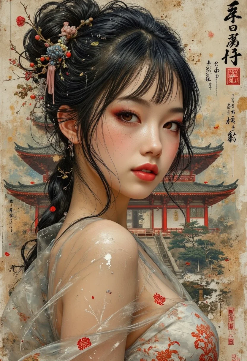 painting, stunning Japanese woman, shaggy long hair blowing partly across her face, bangs, sidelocks, medium breasts, dark eyeshadow, delicate red lips, filmy, gauzy see-through dress, direct gaze, light hitting one side of face, abstract background suggesting an eastern temple