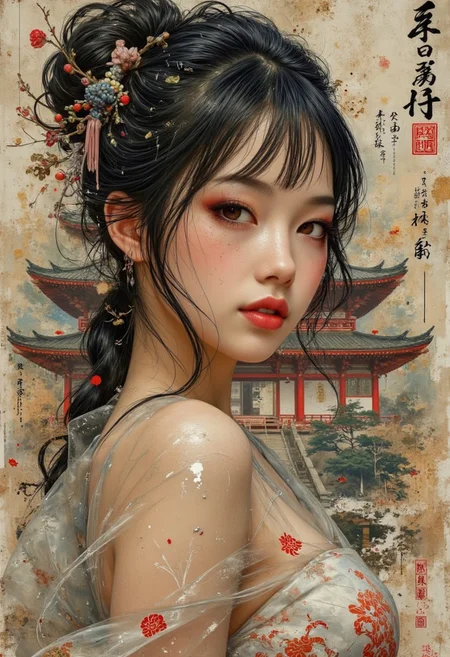 painting, stunning Japanese woman, shaggy long hair blowing partly across her face, bangs, sidelocks, medium breasts, dark eyeshadow, delicate red lips, filmy, gauzy see-through dress, direct gaze, light hitting one side of face, abstract background suggesting an eastern temple