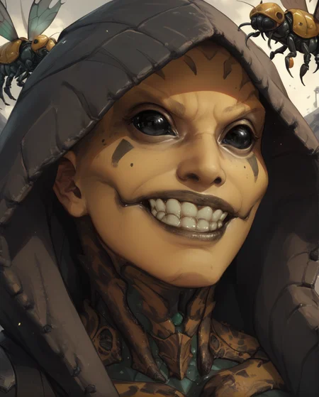 score_9,score_8_up,score_7_up,
dvorah,black eyes,facial mark,grin,
hood up,
standing,upper body,
underground,insect pods,
hood,armored skin,<lora:Dvorah:0.8>,