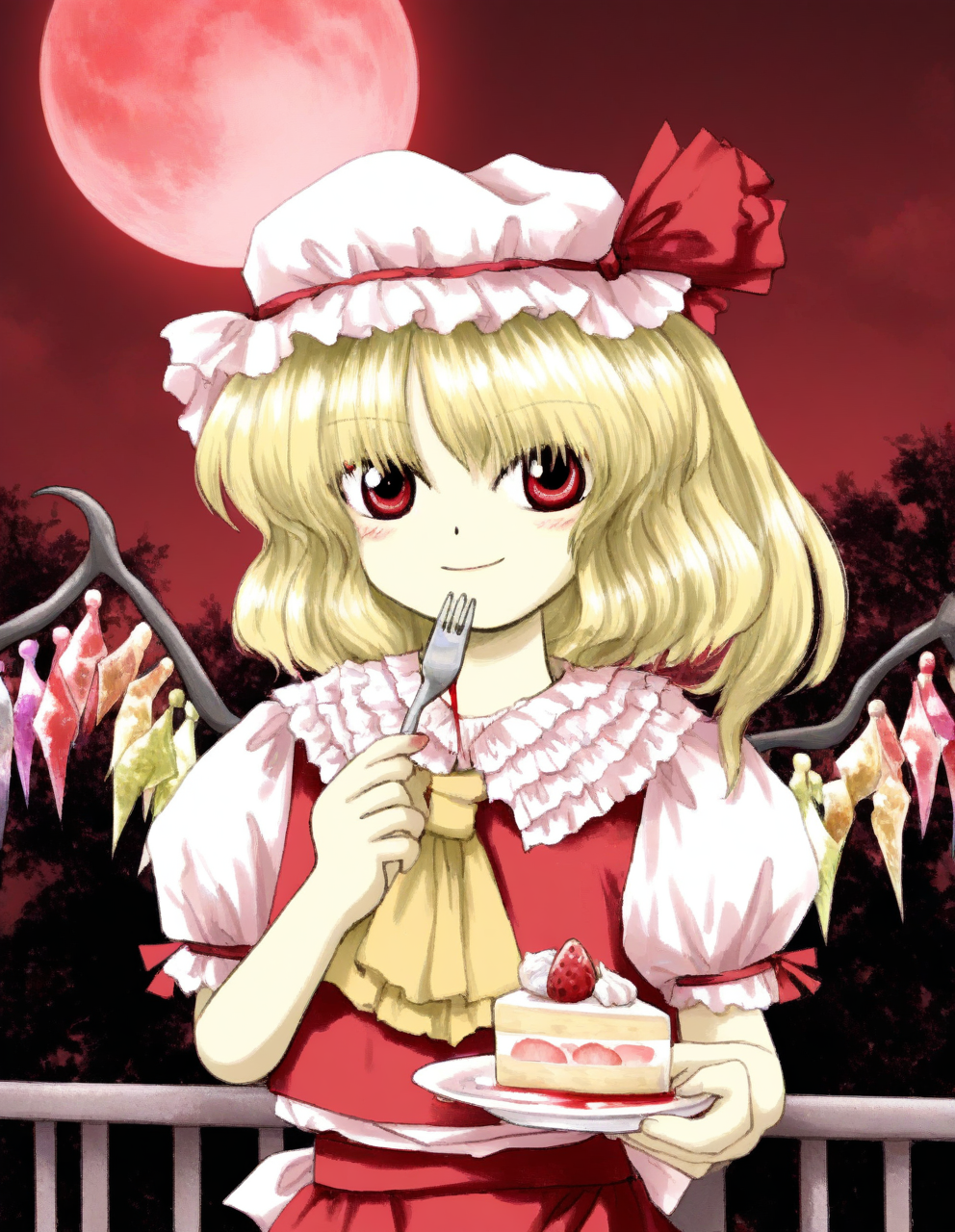 masterpiece, best quality, very aesthetic, absurdres, EoSD, solo, 1girl, flandre scarlet, blonde hair, medium hair, red eyes, hat, ribbon, red ribbon, hat ribbon, mob cap, shirt, white shirt, puffy short sleeves, frilled shirt collar, red vest, yellow ascot, wings, upper body, holding fork, holding plate, cake slice, strawberry, blood, slight smile, against railing, outdoors, night, red sky, red moon, vignetting, <lora:EoSD:1>
