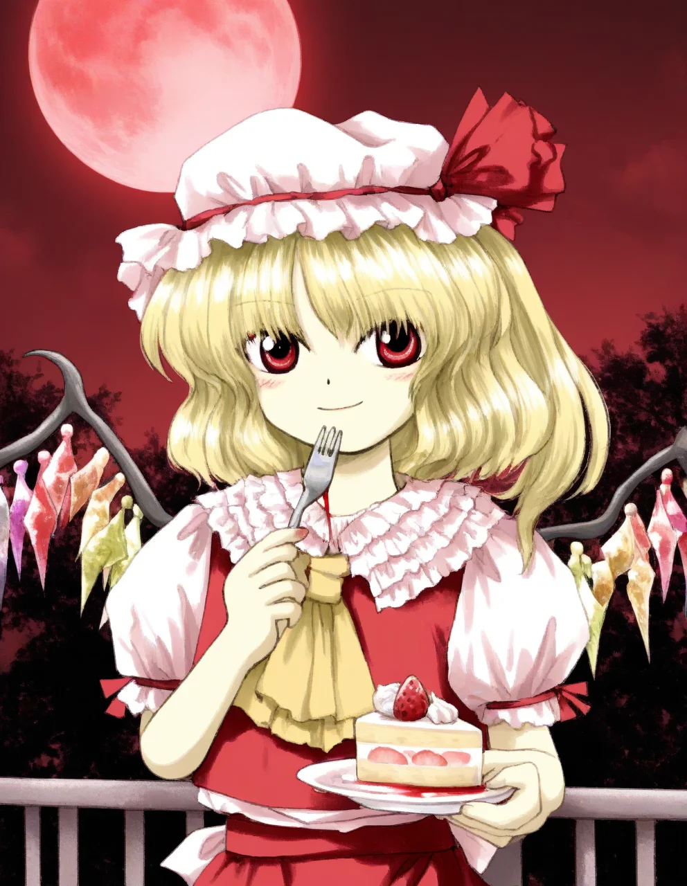 masterpiece, best quality, very aesthetic, absurdres, EoSD, solo, 1girl, flandre scarlet, blonde hair, medium hair, red eyes, hat, ribbon, red ribbon, hat ribbon, mob cap, shirt, white shirt, puffy short sleeves, frilled shirt collar, red vest, yellow ascot, wings, upper body, holding fork, holding plate, cake slice, strawberry, blood, slight smile, against railing, outdoors, night, red sky, red moon, vignetting, <lora:EoSD:1>