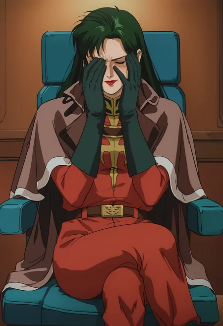 score_9, score_8_up, score_7_up, score_6_up, anime screencap, anime coloring,  <lora:CimaGarahau_epoch_7:0.7>, CimaGarahau, long hair, green hair, lipstick, closed eyes,
cape, military uniform, black gloves, belt, red pants,
covering face, shaded face, tears, portrait, eye focus, sitting, crossed legs, on chair, blush,
indoors,