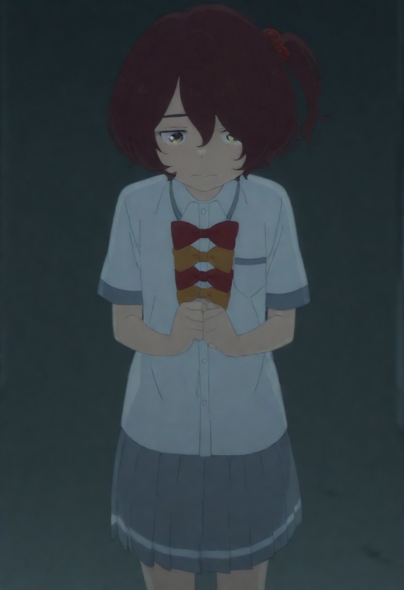 masterpiece, best quality, amazing quality,,, shiny skin,,,,,,anime coloring,anime screencap, ,, official art,,,,, <lora:Komari_Illustrious:0.9> komari_chika, yellow_eyes, brown_hair, short_hair, one_side_up,, school_uniform, white_shirt, collared_shirt, bow, pleated_skirt, grey_skirt, short_sleeves,