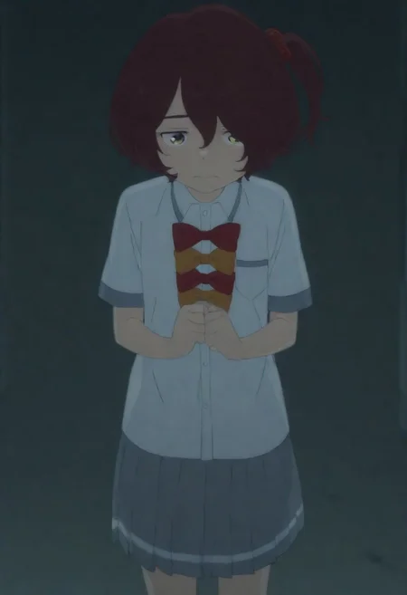 masterpiece, best quality, amazing quality,,, shiny skin,,,,,,anime coloring,anime screencap, ,, official art,,,,, <lora:Komari_Illustrious:0.9> komari_chika, yellow_eyes, brown_hair, short_hair, one_side_up,, school_uniform, white_shirt, collared_shirt, bow, pleated_skirt, grey_skirt, short_sleeves,