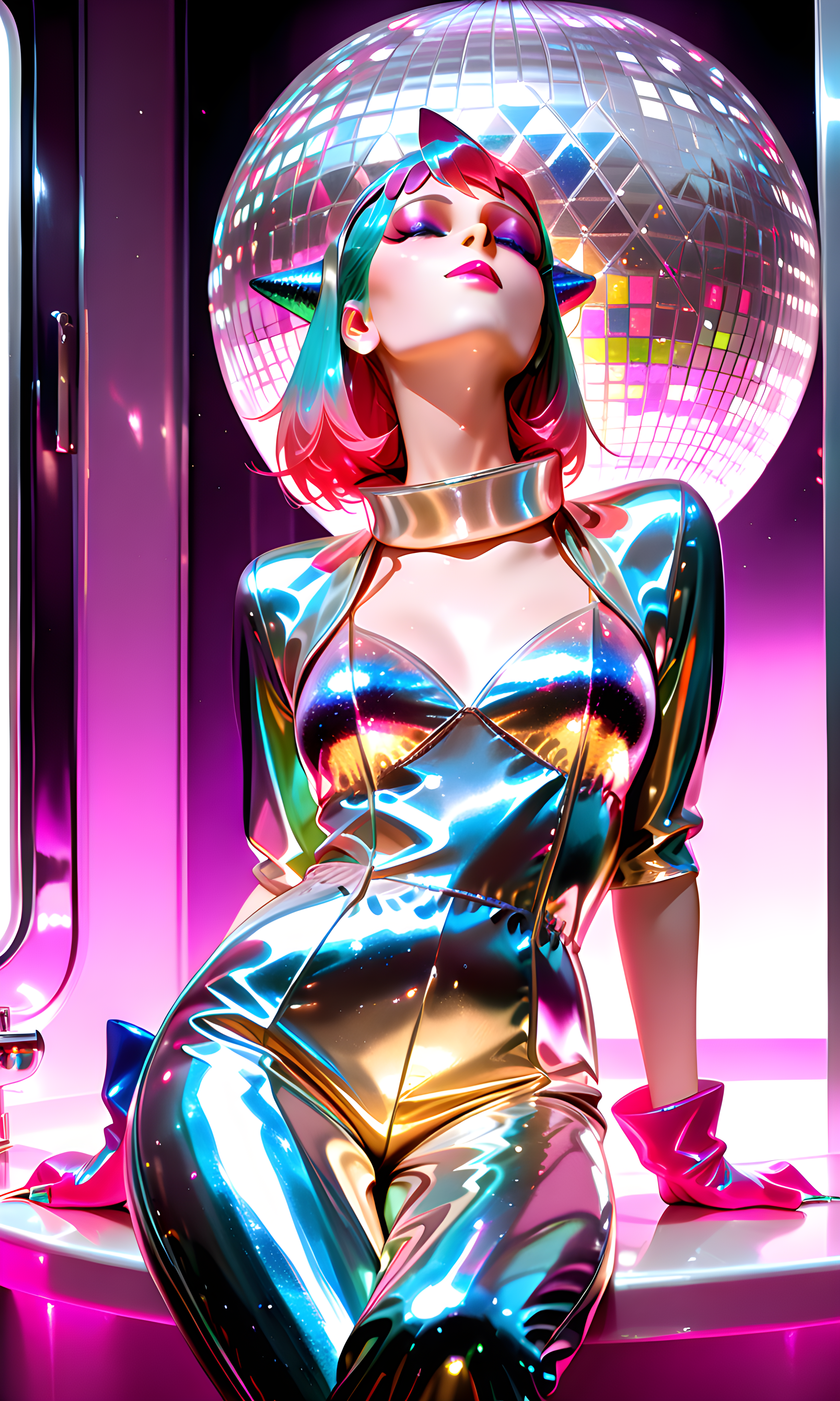 1girl, solo, metallic lamé jumpsuit with wide collar, blissed-out eyes closed mid-spin, disco ball purse and vinyl gloves, grungy nightclub bathroom with smeared mirrors, peeling nail polish and busted rings, glitter-slick lids and glossy pink lips with teased blowout, leaning back on one hand, leg crossed, relaxed stance, 8K, ultra-detailed, cinematic lighting, best, quality, masterpiece