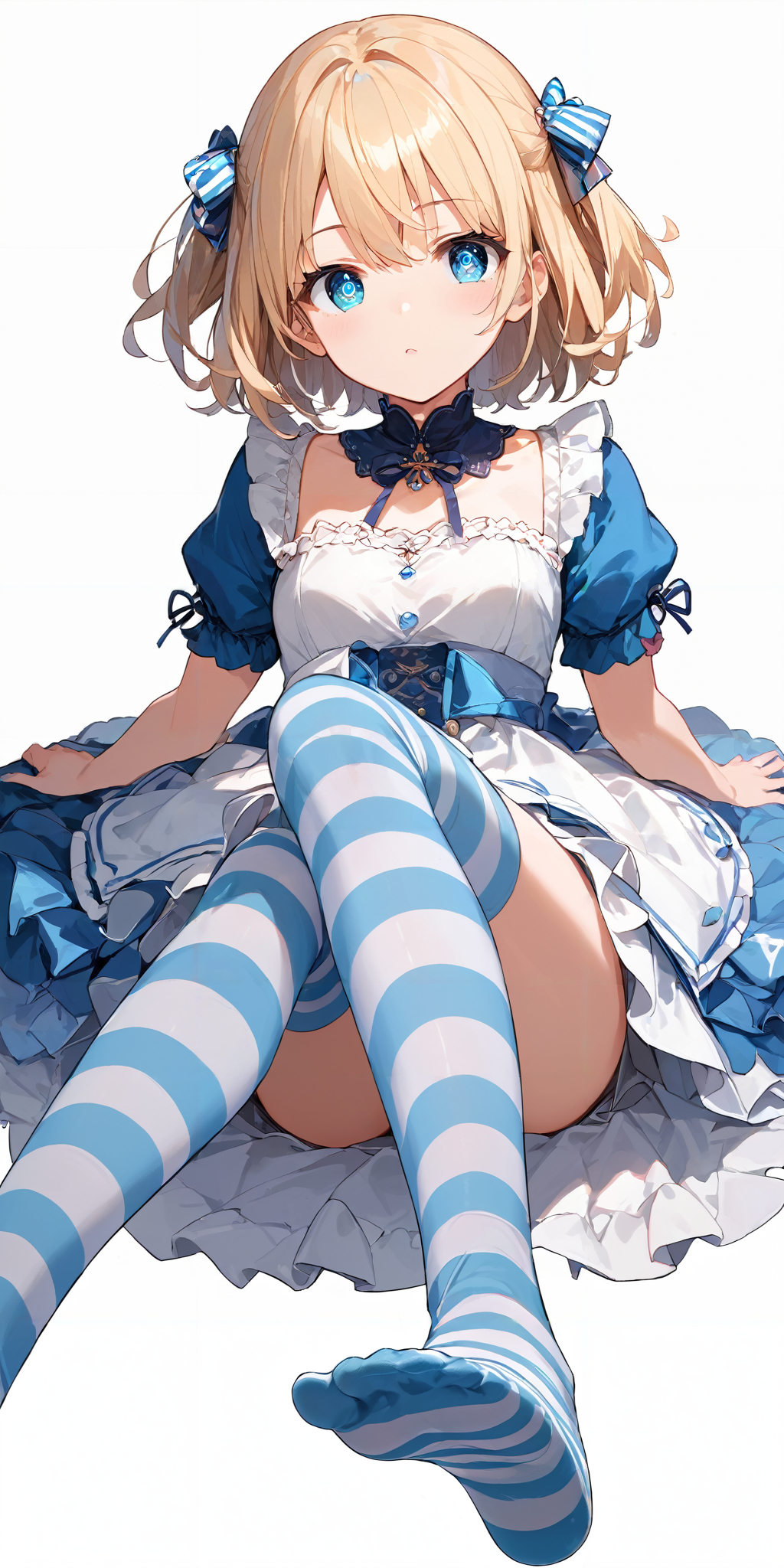 score_9, score_8_up, score_7_up,source_anime, high res image,masterpiece,best quality,girl,cute face,clear skin,shiny hair,ultra detailed eyes,simple background, <lora:ni-so_pony_V1.0:1.2> jyojifuku, striped thighhighs,dress,foot