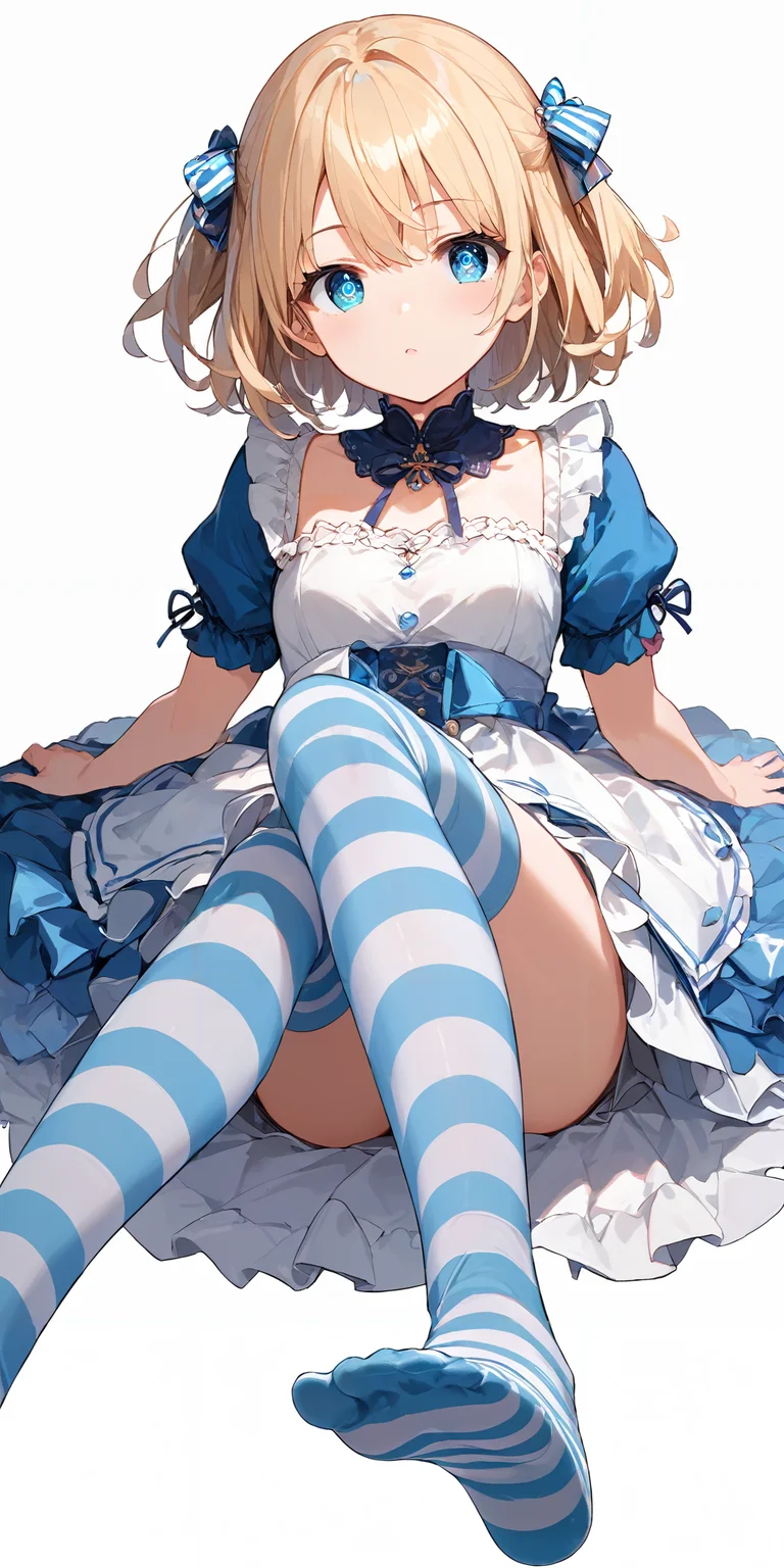 score_9, score_8_up, score_7_up,source_anime, high res image,masterpiece,best quality,girl,cute face,clear skin,shiny hair,ultra detailed eyes,simple background, <lora:ni-so_pony_V1.0:1.2> jyojifuku, striped thighhighs,dress,foot