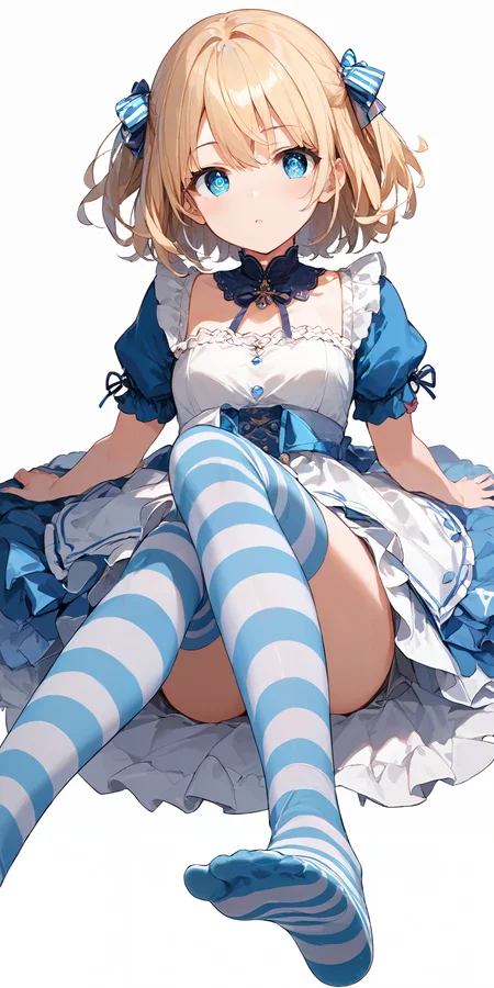 score_9, score_8_up, score_7_up,source_anime, high res image,masterpiece,best quality,girl,cute face,clear skin,shiny hair,ultra detailed eyes,simple background, <lora:ni-so_pony_V1.0:1.2> jyojifuku, striped thighhighs,dress,foot
