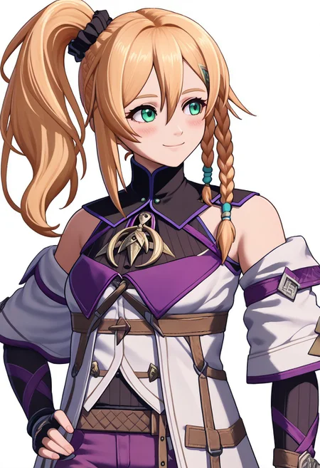 score_9, score_8_up, score_7_up, source_anime, 1girl, solo, blush, smile, hands on hips <lora:zs_FEWarriorsPortraitsXL:1> fewarriorsportraits, portrait, white background, <lora:yskarja-pdxl-nvwls-v1-000005:1> ysKarja, blonde hair, green eyes, single braid, scrunchie, side ponytail, white coat, turtleneck, brooch, detached sleeves, purple pants, fingerless gloves