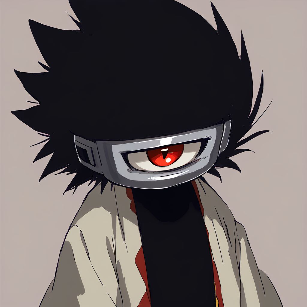 solo, 1other <lora:Dark_Matter_Swordsman:1> red eyes, black hair, no humans, spiked hair, one-eyed, pauldrons, cyclops