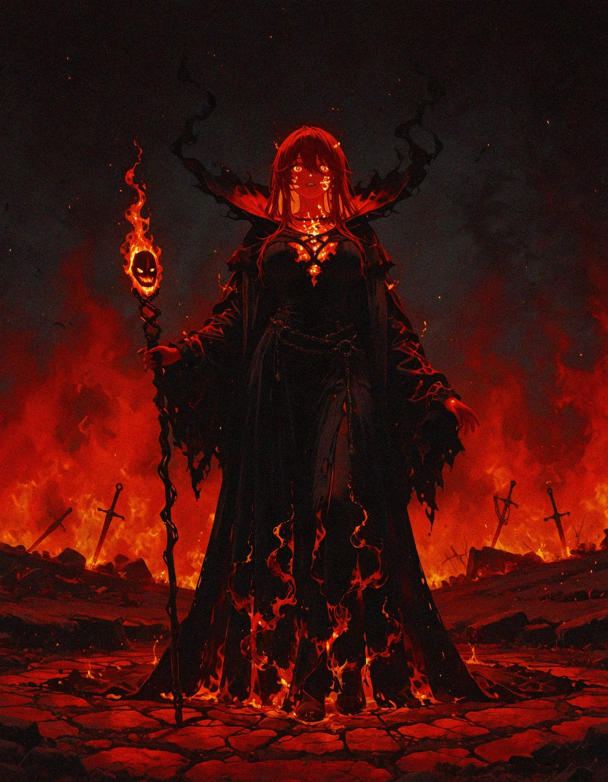 masterpiece, best quality, amazing quality, <lora:DarkFantasy_v3_Buns:0.55>, Infernal Sorcerer, fire-patterned robes, fiery demonic staff, glowing sigils, scorched ground, masterpiece, best quality, amazing quality