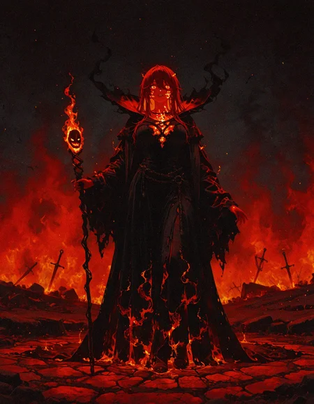 masterpiece, best quality, amazing quality, <lora:DarkFantasy_v3_Buns:0.55>, Infernal Sorcerer, fire-patterned robes, fiery demonic staff, glowing sigils, scorched ground, masterpiece, best quality, amazing quality