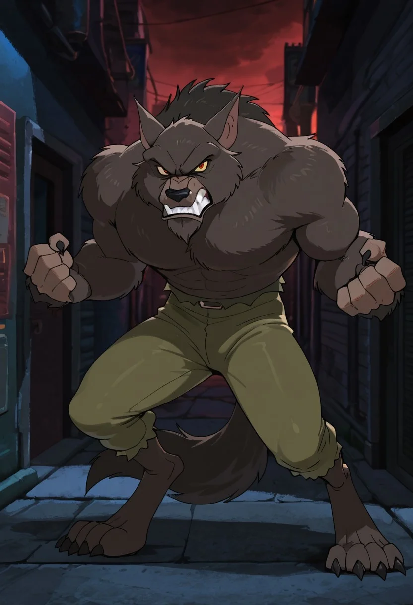 masterpiece, high quality, best quality, amazing quality, detailed, solo, male, wolfman-sdagh, grey-brown fur, yellow sclera, red pupils, claws, tail, torn olive pants, full body, standing, angry, gritted teeth, hunting stance, looking at viewer, quarter view, in a alley, dark lighting, red dark sky.