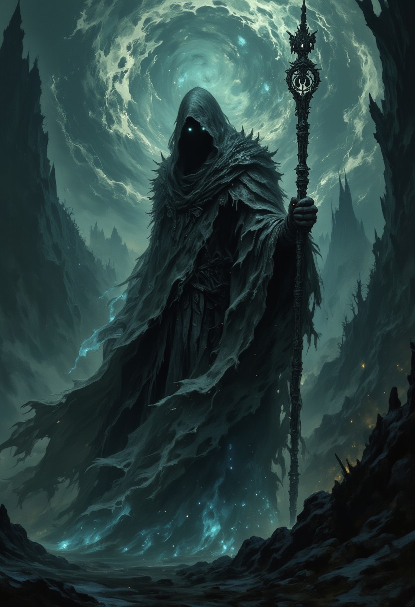 A cinematic shot of a shadow-touched sorceress. The sorceress is shrouded in darkness, with only her glowing, otherworldly eyes visible. She wears a tattered cloak and wields a staff adorned with ancient symbols. A swirling vortex of dark energy surrounds her, revealing glimpses of a twisted, demonic realm. The background is a desolate, moonlit landscape with towering, skeletal trees and a churning, obsidian lake.