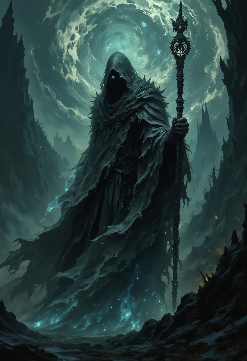 A cinematic shot of a shadow-touched sorceress. The sorceress is shrouded in darkness, with only her glowing, otherworldly eyes visible. She wears a tattered cloak and wields a staff adorned with ancient symbols. A swirling vortex of dark energy surrounds her, revealing glimpses of a twisted, demonic realm. The background is a desolate, moonlit landscape with towering, skeletal trees and a churning, obsidian lake.