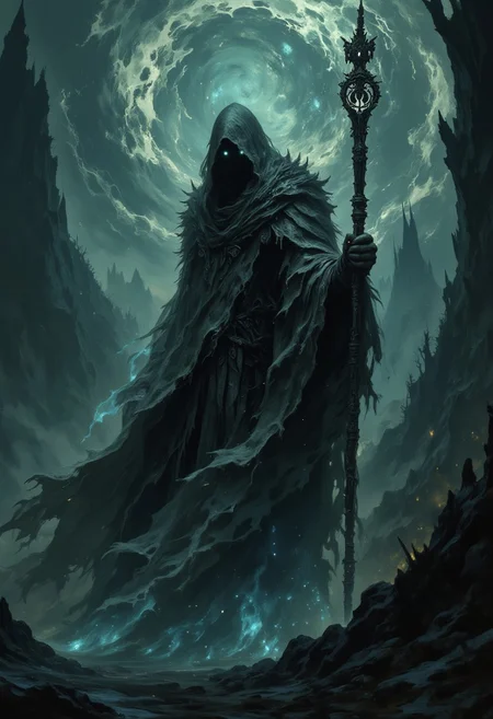 A cinematic shot of a shadow-touched sorceress. The sorceress is shrouded in darkness, with only her glowing, otherworldly eyes visible. She wears a tattered cloak and wields a staff adorned with ancient symbols. A swirling vortex of dark energy surrounds her, revealing glimpses of a twisted, demonic realm. The background is a desolate, moonlit landscape with towering, skeletal trees and a churning, obsidian lake.